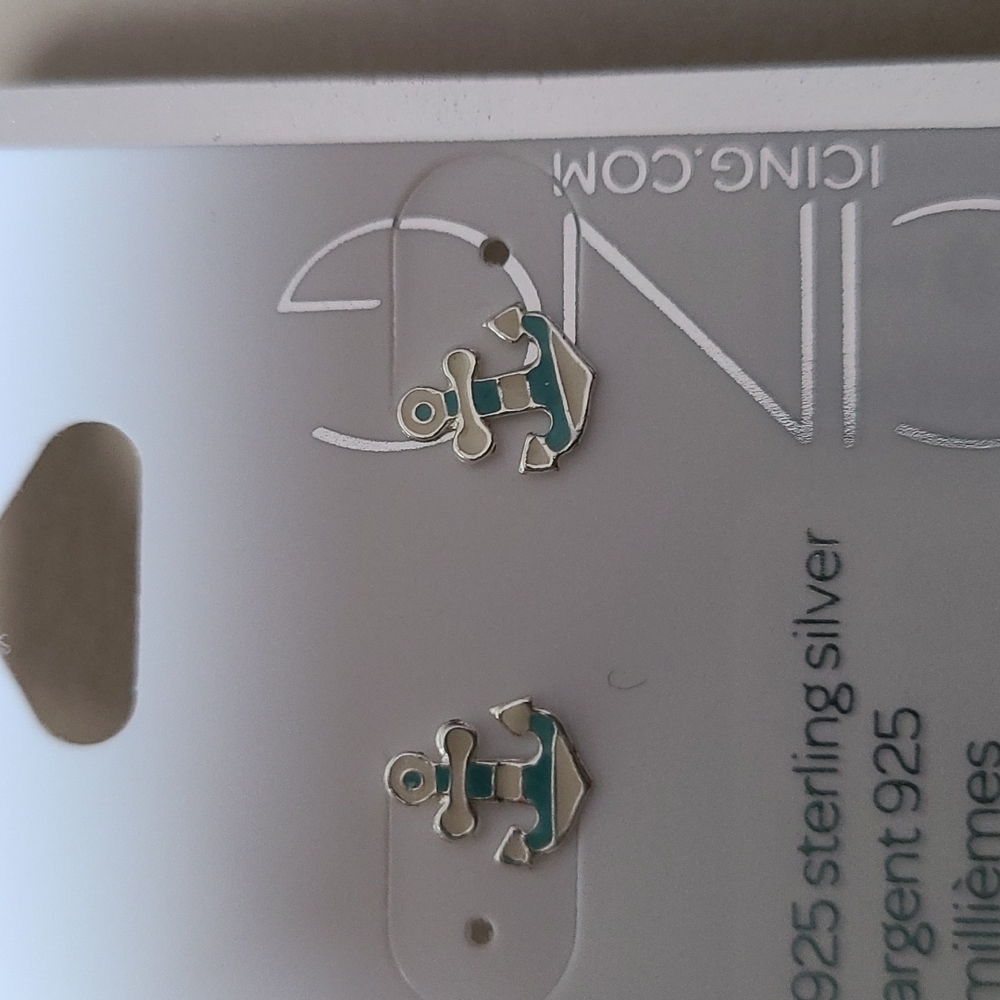 STERLING SILVER STRIPED ANCHOR STUD EARRINGS - BLUE